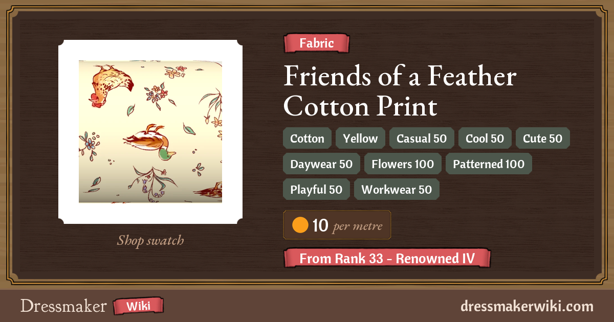 Friends of a Feather Cotton Print (fabric) - Dressmaker Wiki